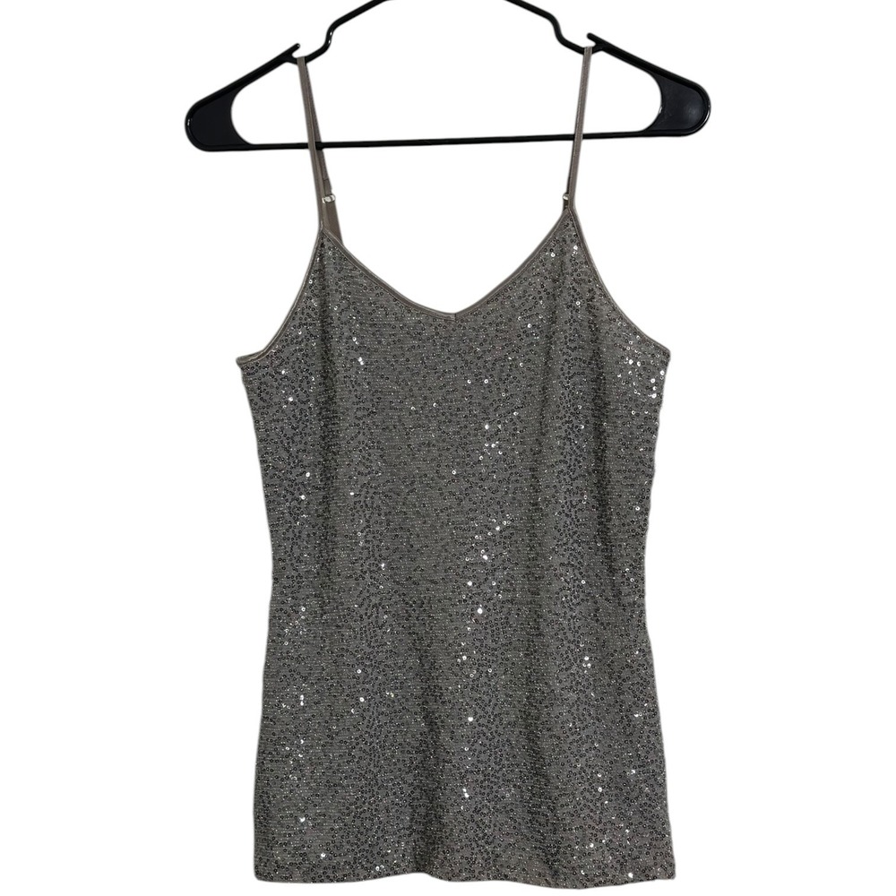 Express Silver Sequin V-Neck Camisole Tank Top Adjustable Straps Women's Size S
